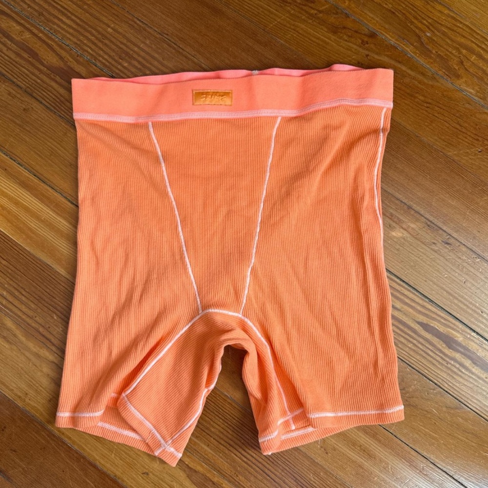 Orange Ribbed High-Waisted Shorts